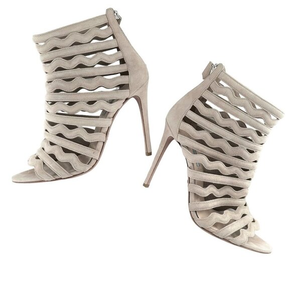 Prada Beige Suede Wavy Shootie Peep Toe Cage Heels Size 41 Neutral - Picture 5 of 9